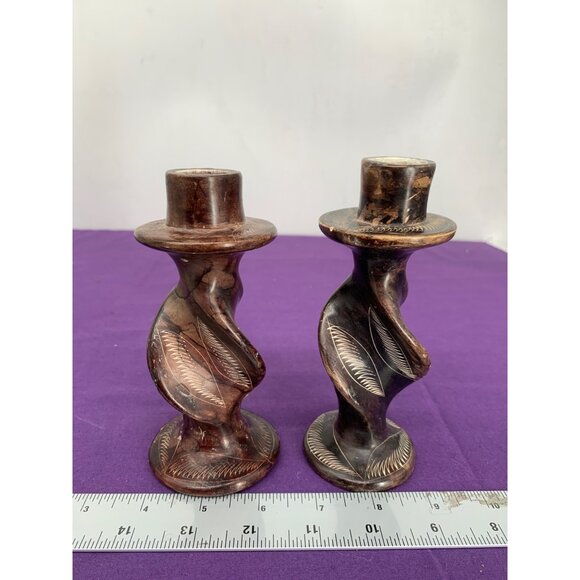 Soapstone Handcarved Candleholders Spiral Tapers 5.5  & 6 Inch Brown Carved - Picture 1 of 7